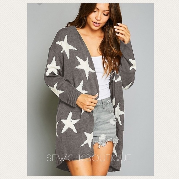 Heather Gray Star Knit Long Open Cardigan - Picture 2 of 7